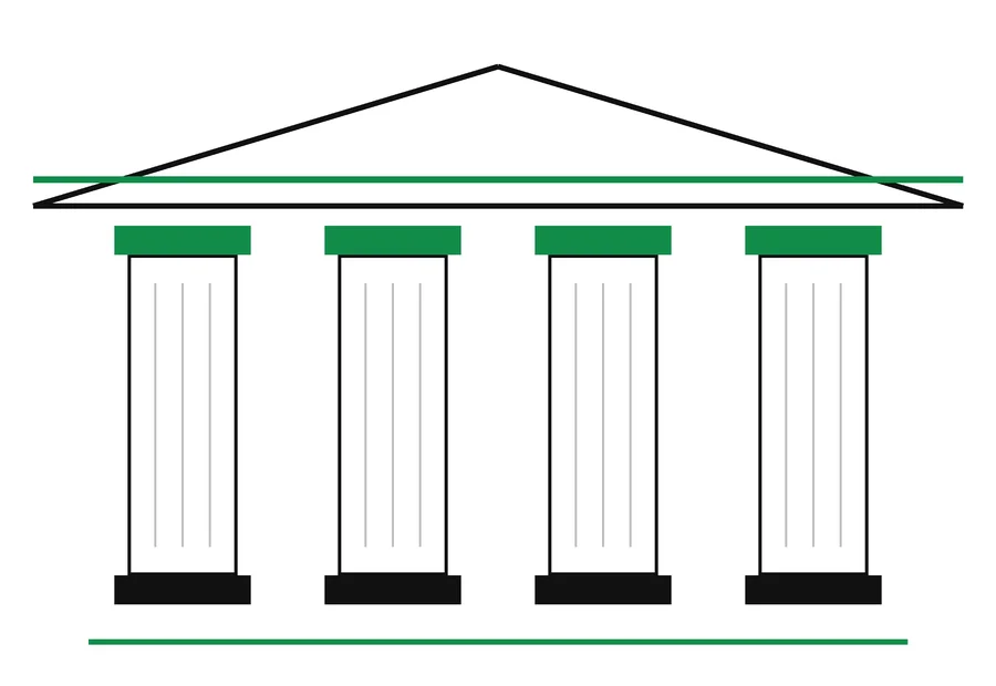 Ilustração linear de um templo grego com quatro colunas