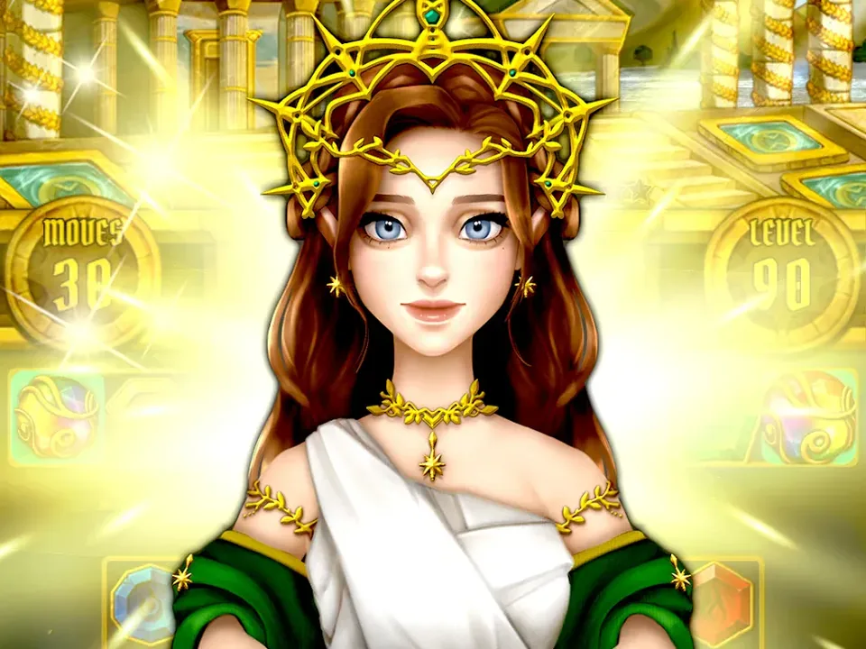 Tabuleiro de gemas do Jewel Olympus com uma deusa a acompanhar a partida